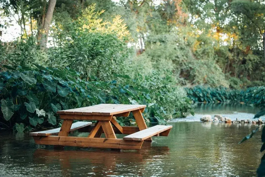 Picnic table by the spring-fed creek