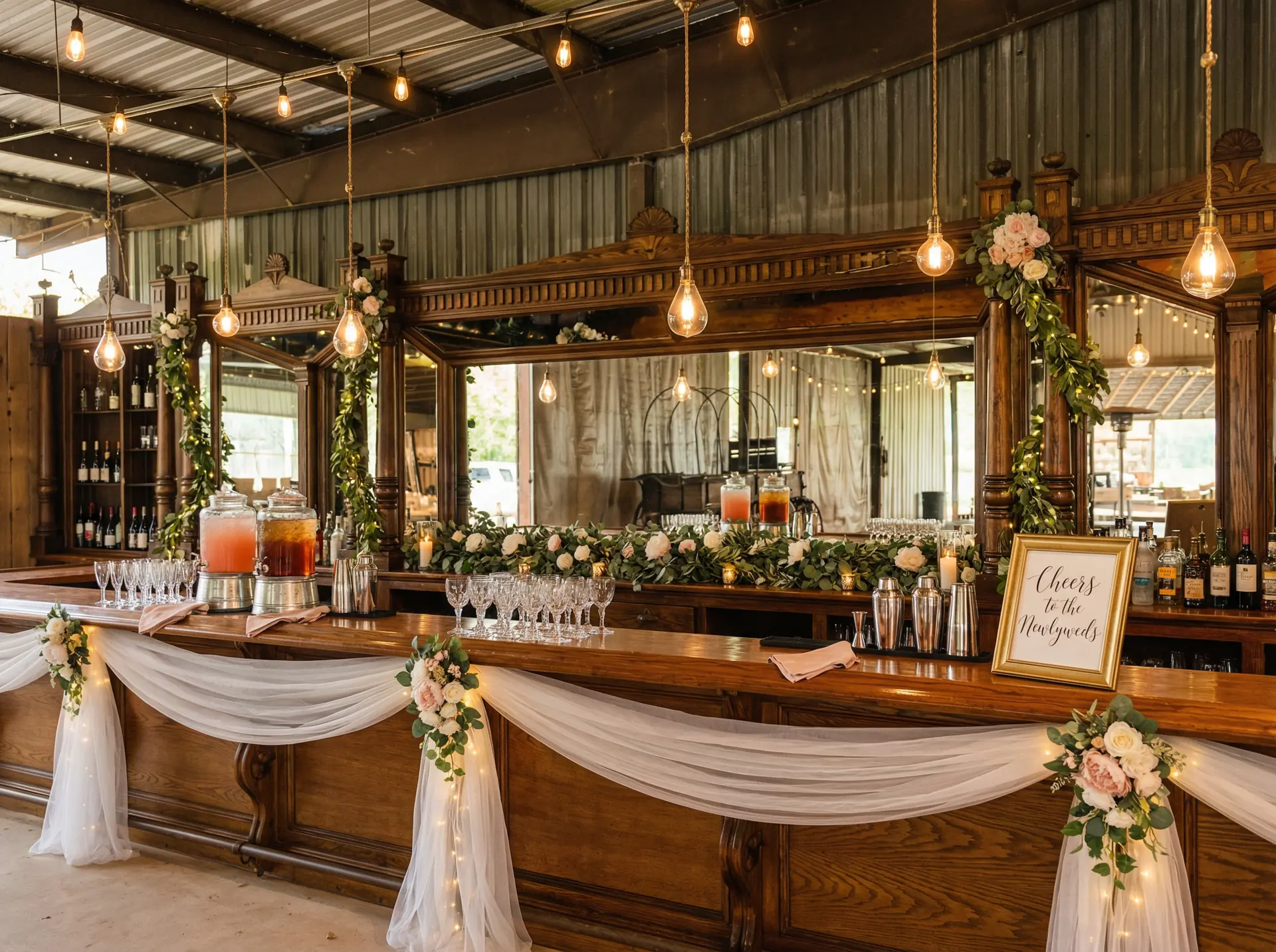 Wedding bar decorated with greenery and cheers sign