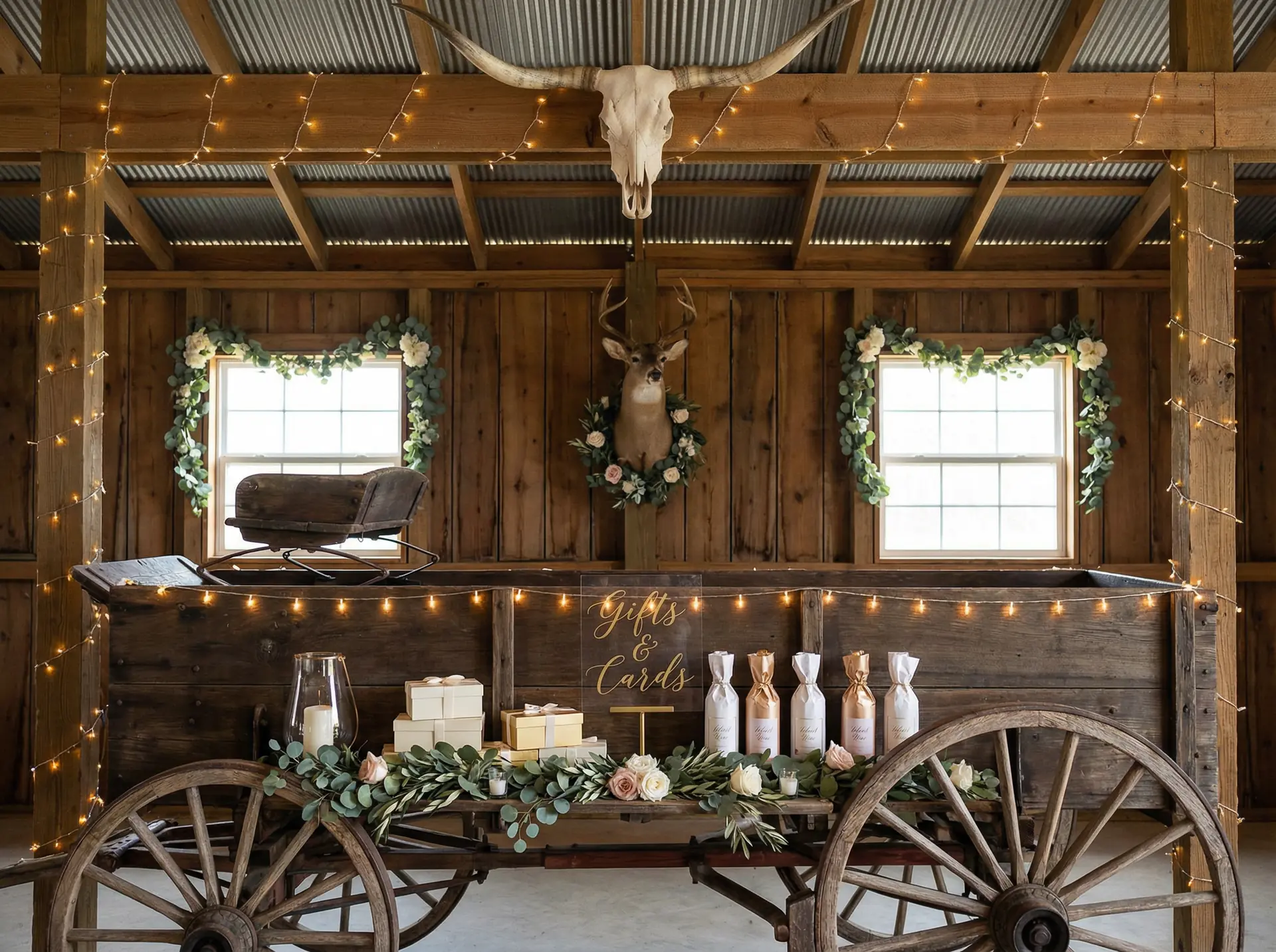 Rustic gifts and cards wagon with string lights