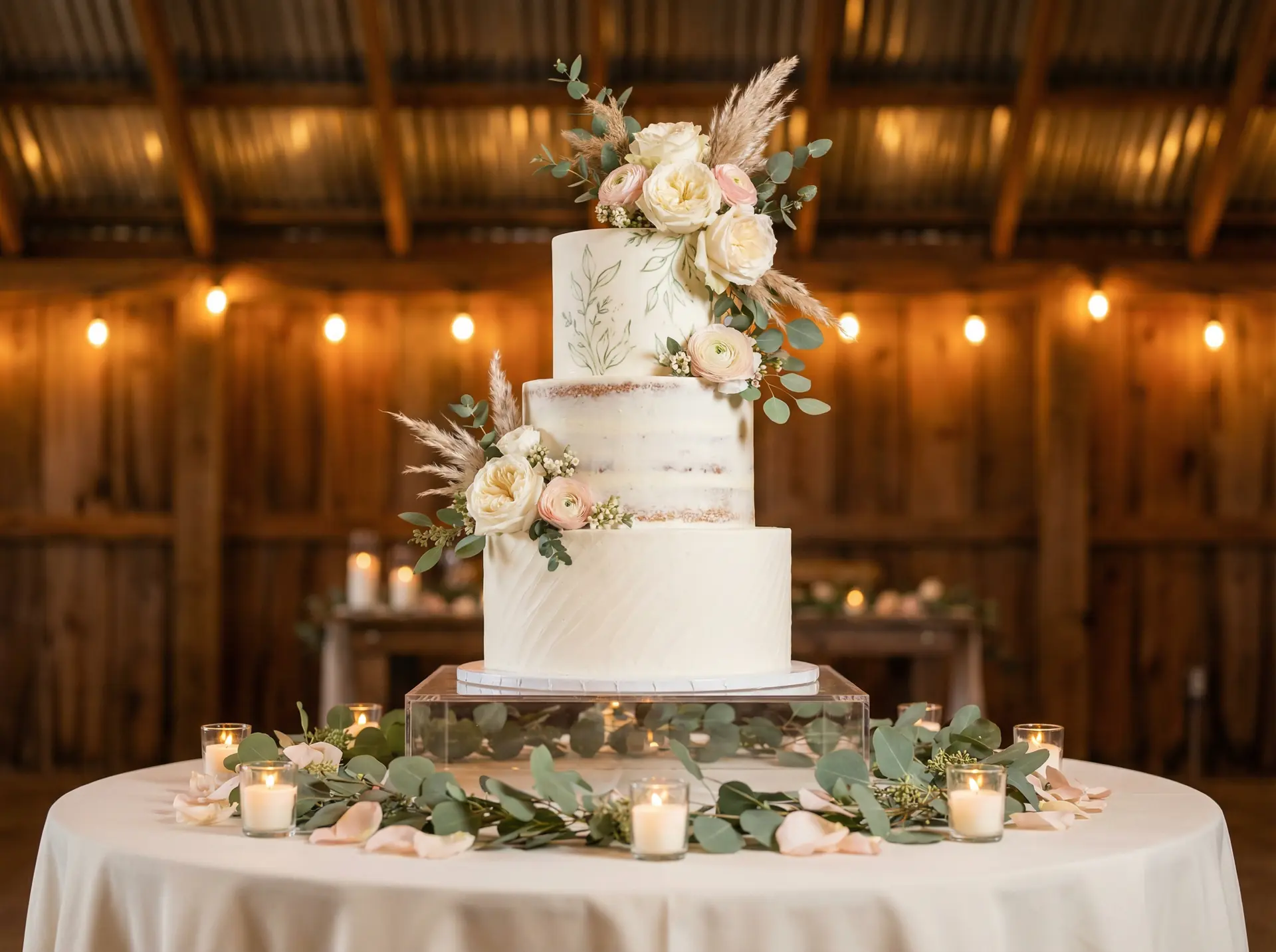 Three-tier wedding cake with pampas grass and roses