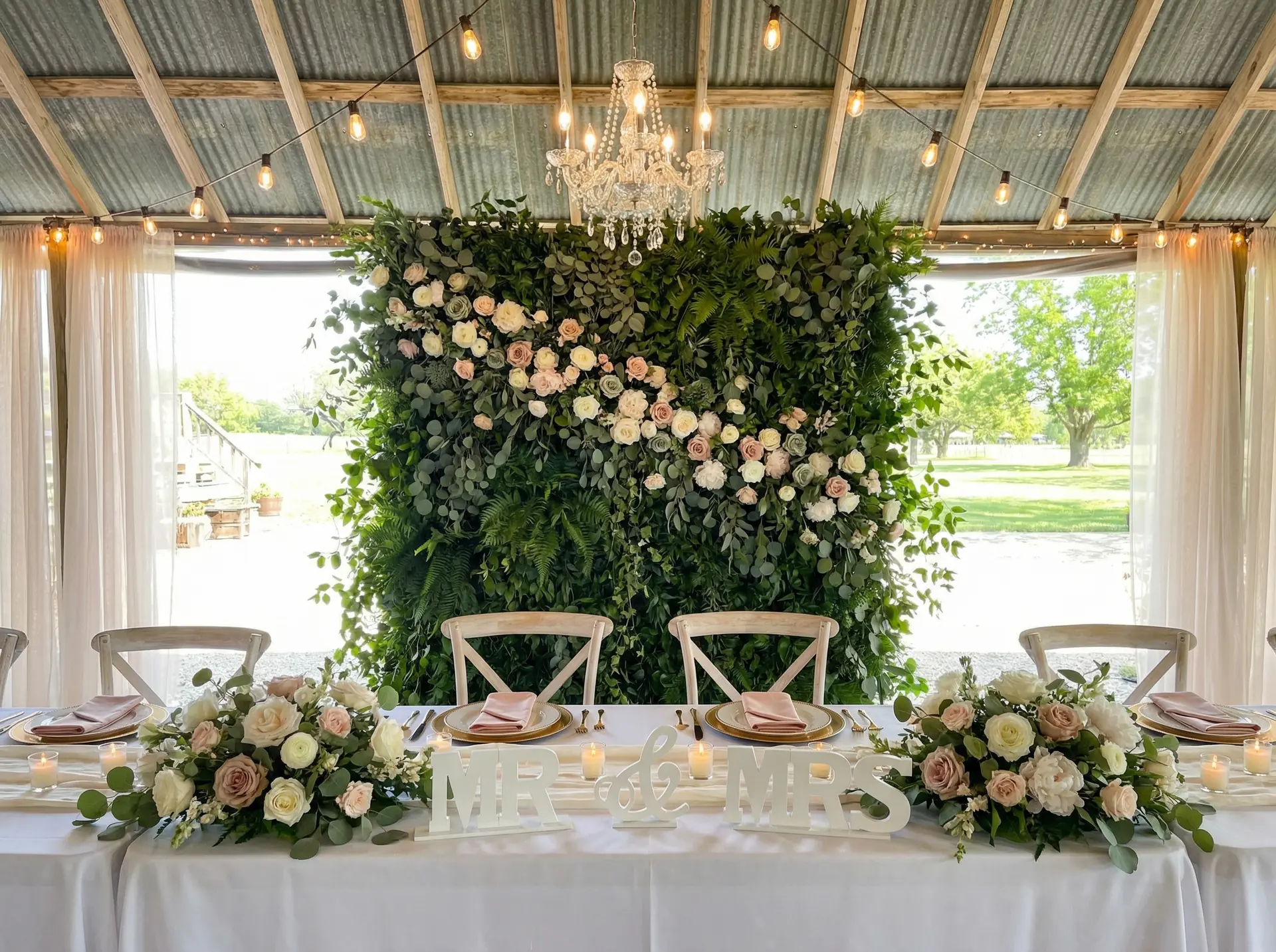 Mr and Mrs sweetheart table with floral wall backdrop