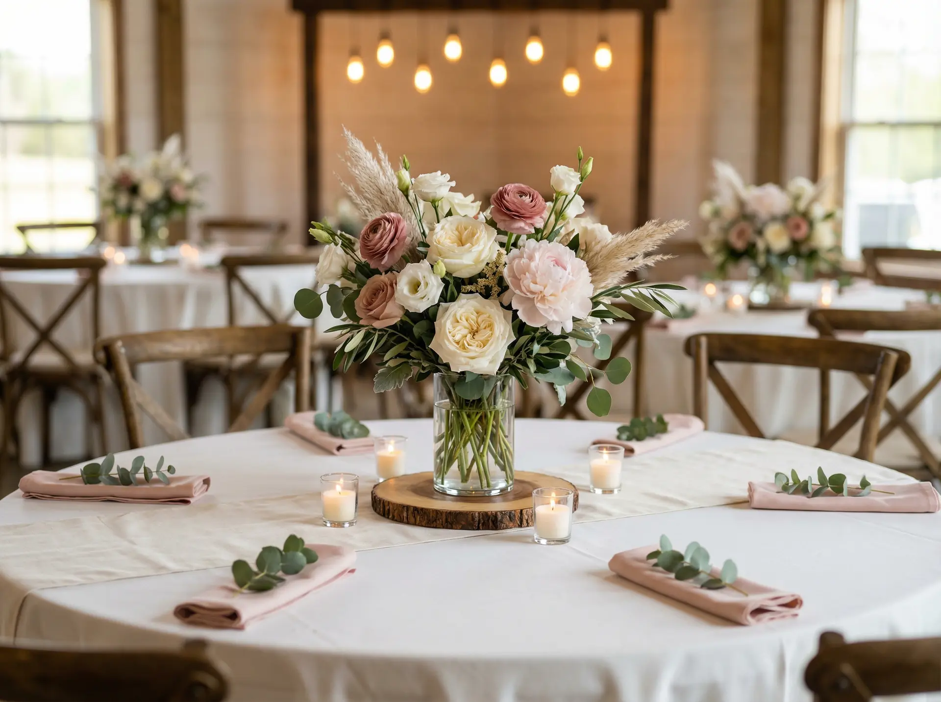 Wedding table centerpiece with roses and candles